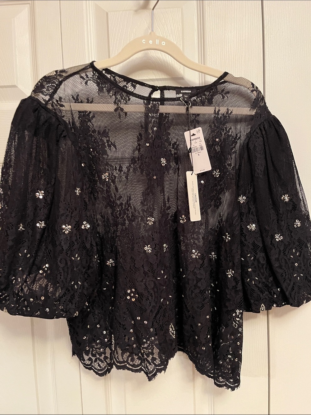 Urban Expressions Black Lace Puff-Sleeve Blouse with Sequin Floral Accents